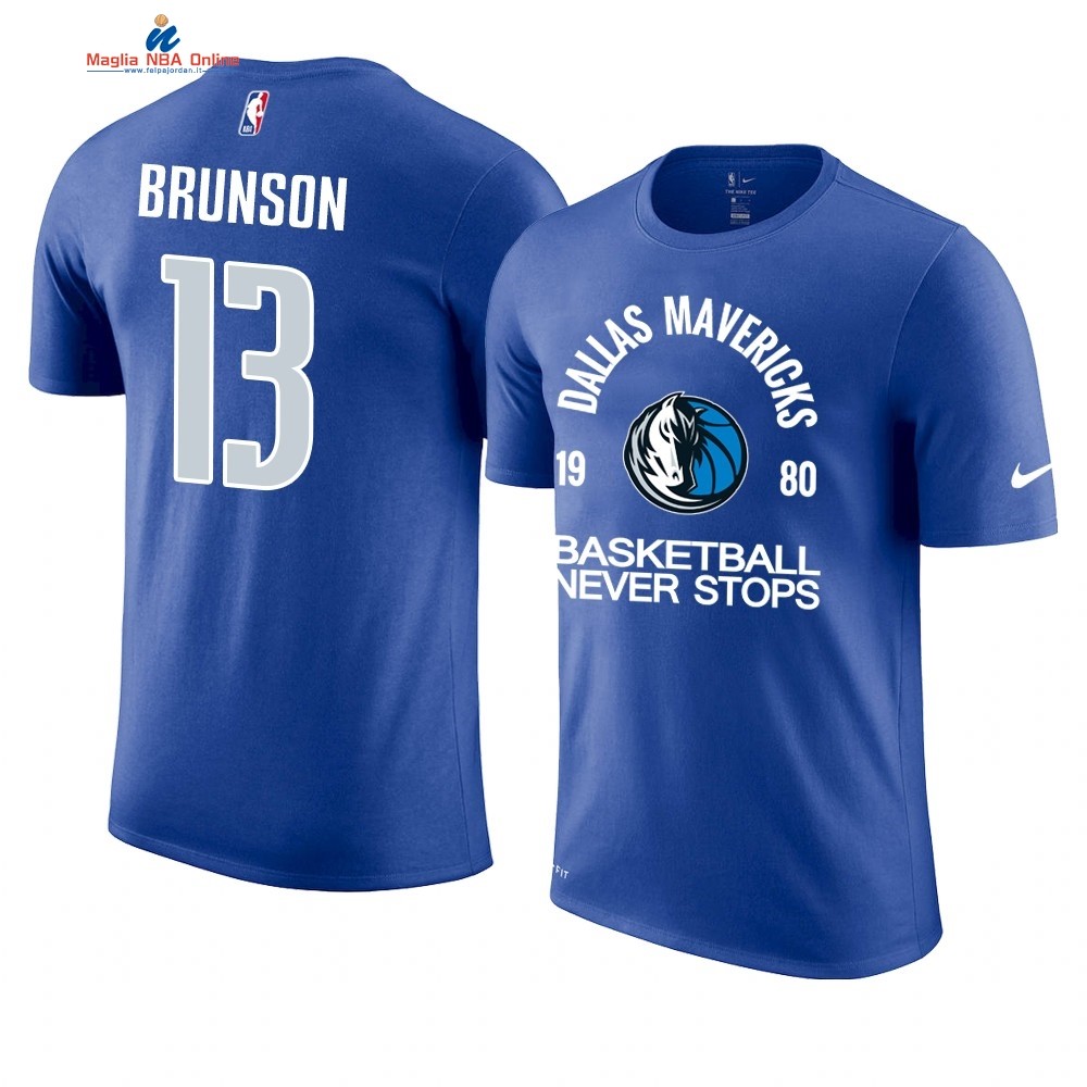 T Shirt NBA Dallas Mavericks Never Stops #13 Jaylen Brunson Blu Acquista
