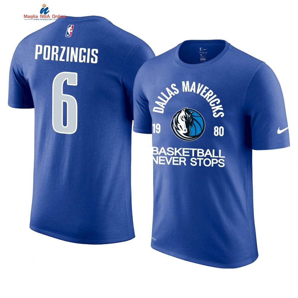T Shirt NBA Dallas Mavericks Never Stops #6 Kristaps Porzingis Blu Acquista