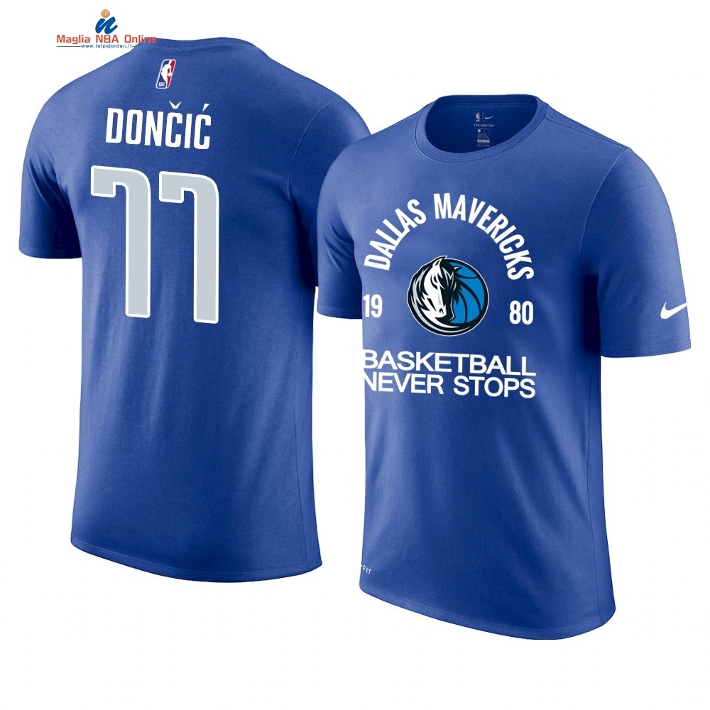 T Shirt NBA Dallas Mavericks Never Stops #77 Luka Doncic Blu Acquista