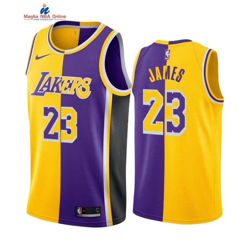 Maglia NBA Nike Los Angeles Lakers #23 LeBron James Giallo Porpora Split 2019-20 Acquista