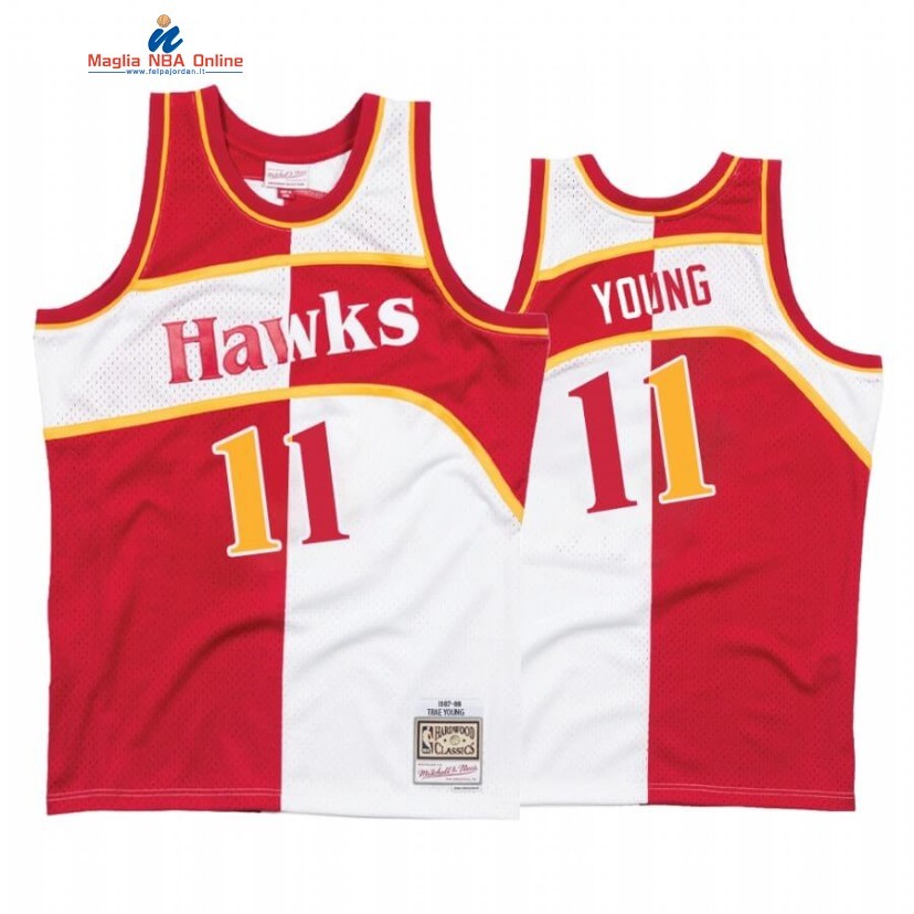 Maglia NBA Atlanta Hawks #11 Trae Young Bianco Rosso Split Hardwood Classics Acquista