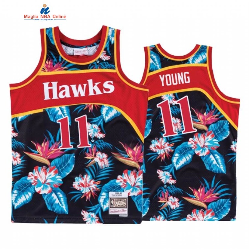 Maglia NBA Atlanta Hawks #11 Trae Young Nero Floreale Hardwood Classics Acquista