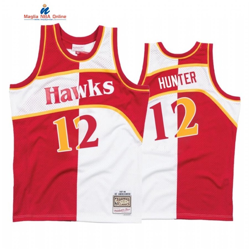 Maglia NBA Atlanta Hawks #12 De'Andre Hunter Bianco Rosso Split Hardwood Classics Acquista