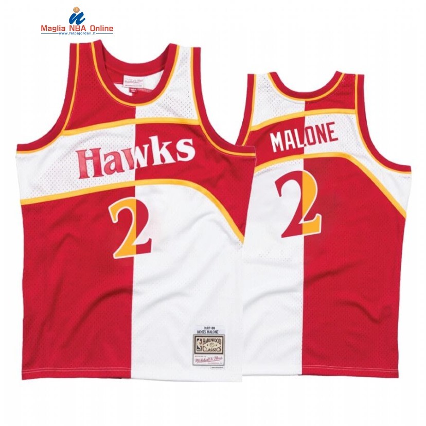 Maglia NBA Atlanta Hawks #2 Moses Malone Bianco Rosso Split Hardwood Classics Acquista