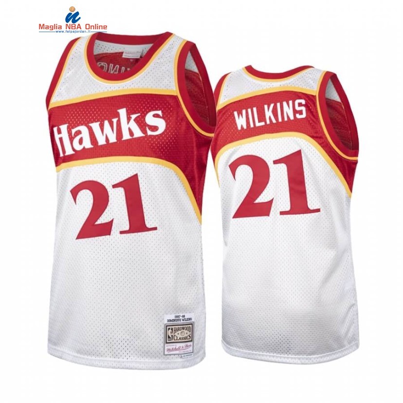 Maglia NBA Atlanta Hawks #21 Dominique Wilkins Bianco Rosso Hardwood Classics Acquista