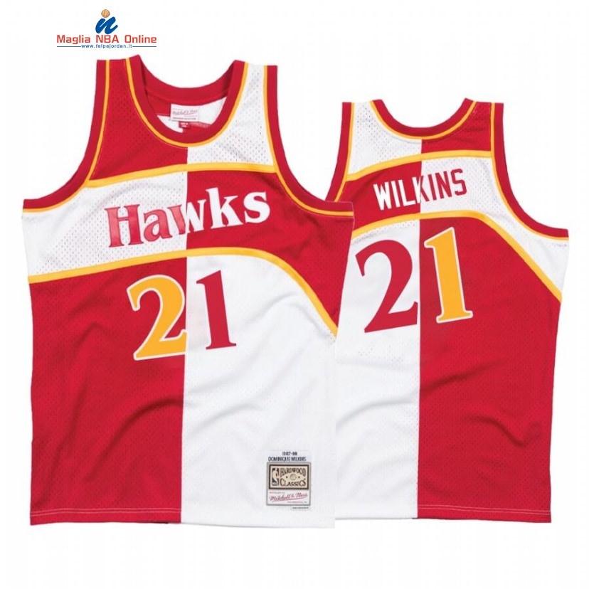 Maglia NBA Atlanta Hawks #21 Dominique Wilkins Bianco Rosso Split Hardwood Classics Acquista