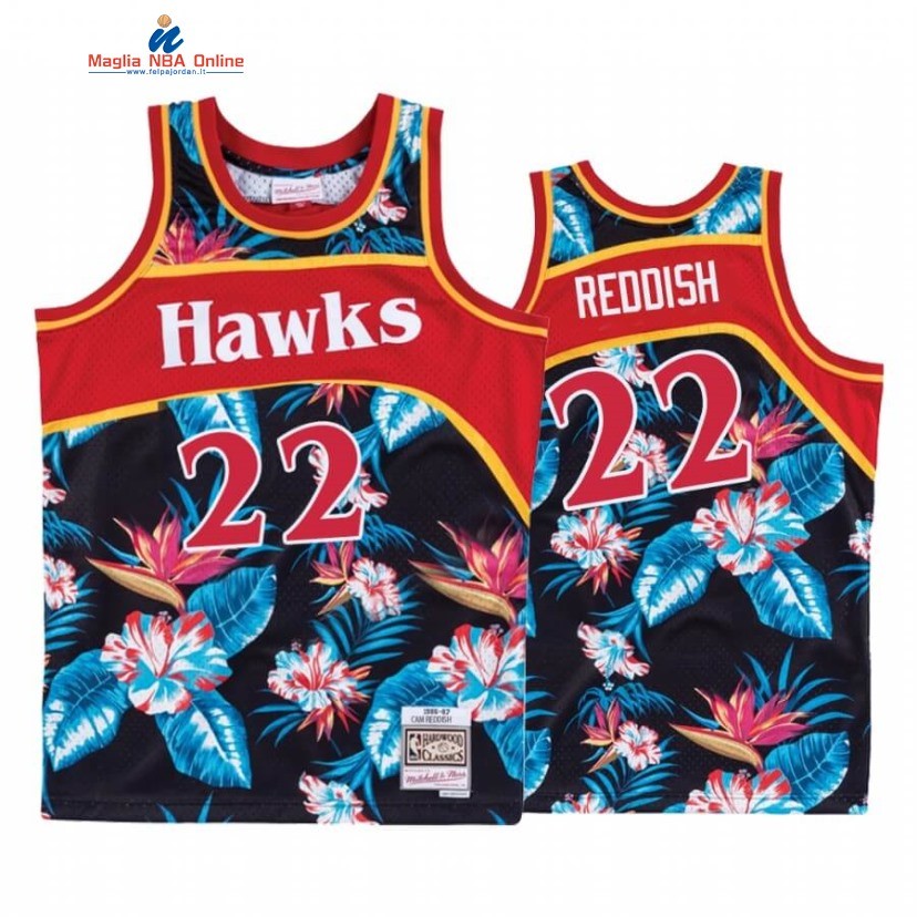 Maglia NBA Atlanta Hawks #22 Cam Reddish Nero Floreale Hardwood Classics Acquista