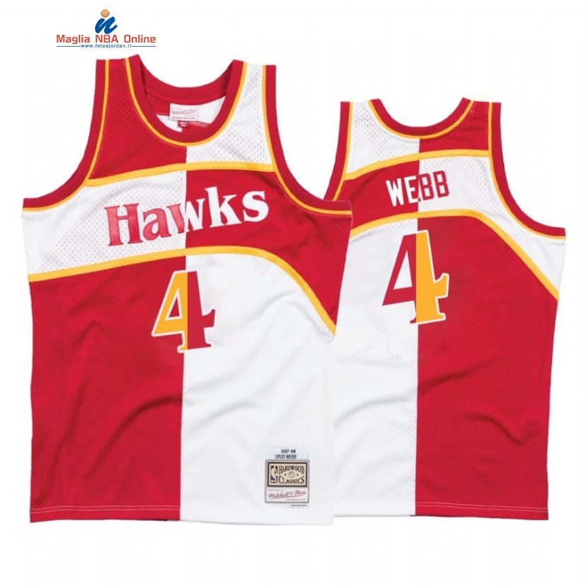 Maglia NBA Atlanta Hawks #4 Spud Webb Bianco Rosso Split Hardwood Classics Acquista