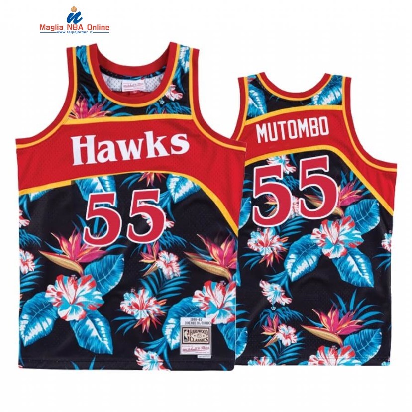 Maglia NBA Atlanta Hawks #55 Dikembe Mutombo Nero Floreale Hardwood Classics Acquista