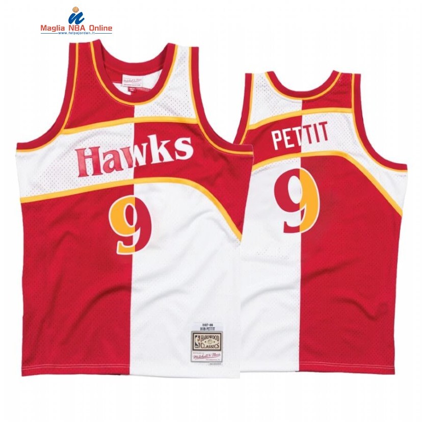 Maglia NBA Atlanta Hawks #9 Bob Pettit Bianco Rosso Split Hardwood Classics Acquista