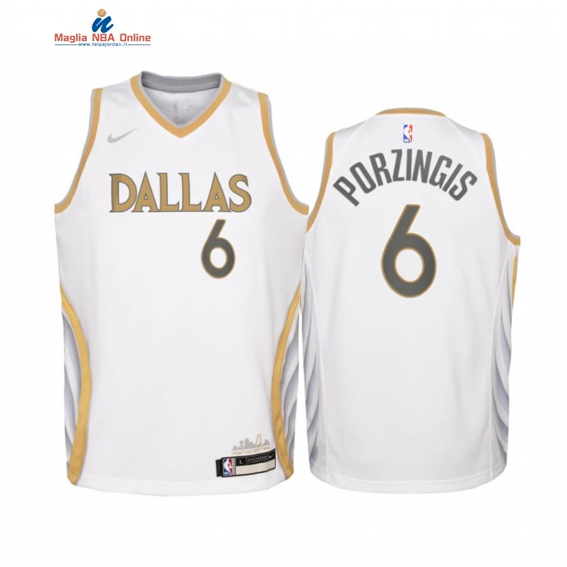 Maglia NBA Bambino Dallas Mavericks #6 Kristaps Porzingis Bianco Città 2020-21 Acquista