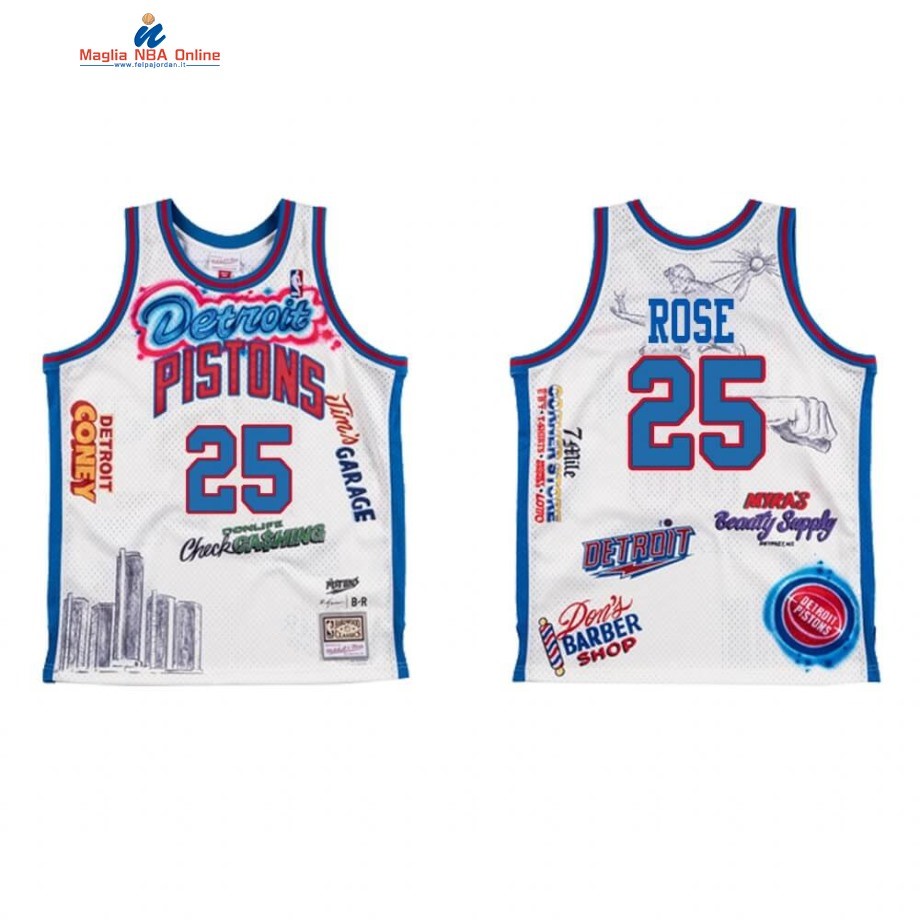 Maglia NBA Detroit Pistons #25 Derrick Rose BR Remix Bianco Hardwood Classics Acquista