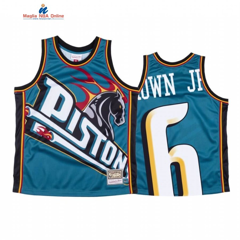 Maglia NBA Detroit Pistons #6 Bruce Brown Jr. Big Face Blu Hardwood Classics Acquista