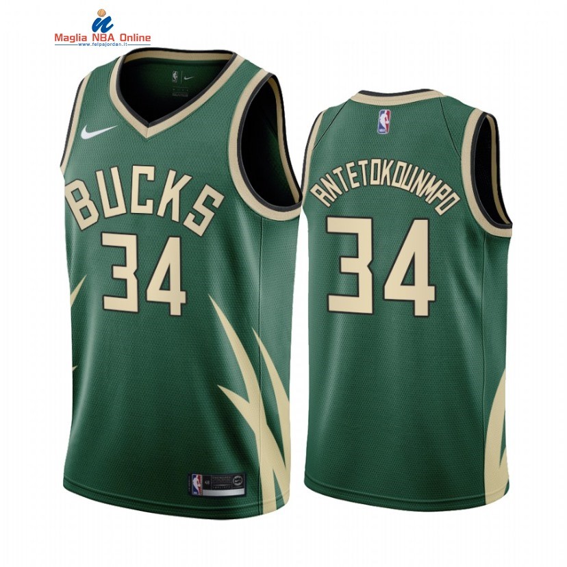 Maglia NBA Earned Edition Milwaukee Bucks #34 Giannis Antetokounmpo Verde 2020-21 Acquista