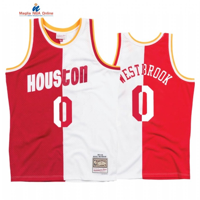 Maglia NBA Houston Rockets #0 Russell Westbrook Bianco Rosso Split Hardwood Classics Acquista