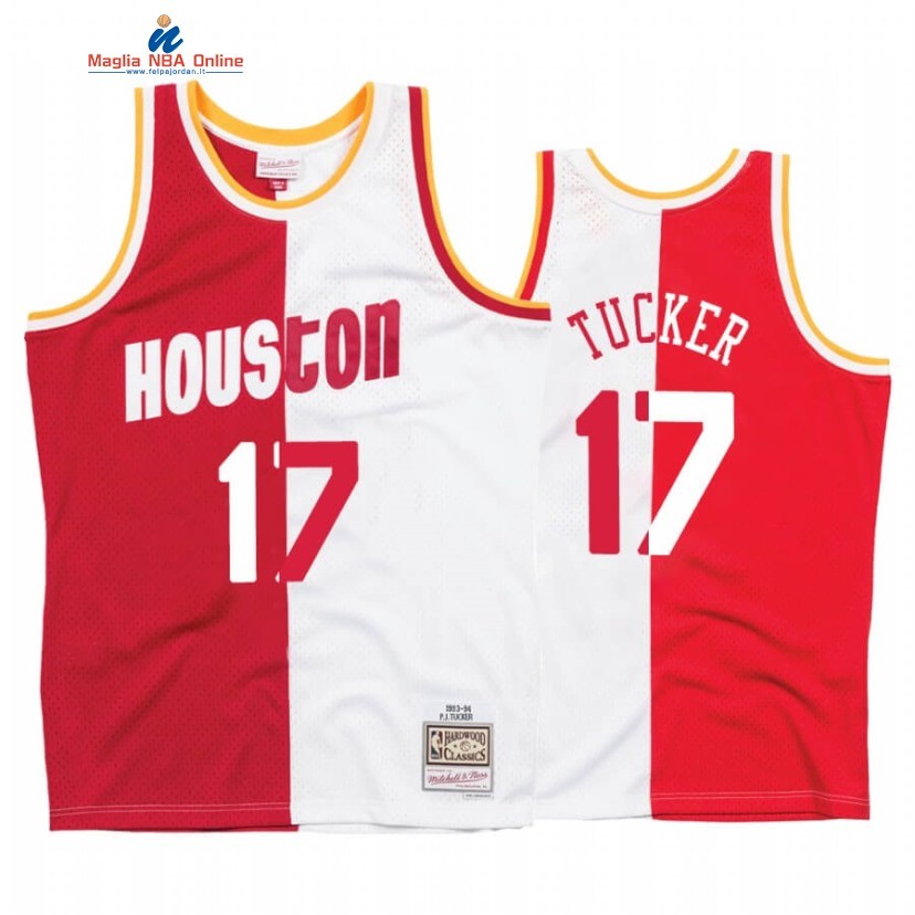 Maglia NBA Houston Rockets #17 P.J. Tucker Bianco Rosso Split Hardwood Classics Acquista