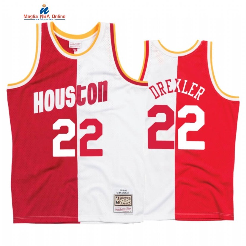 Maglia NBA Houston Rockets #22 Clyde Drexler Bianco Rosso Split Hardwood Classics Acquista