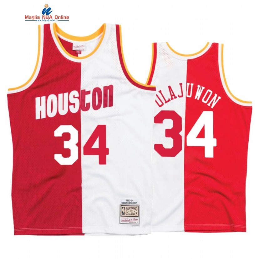 Maglia NBA Houston Rockets #34 Hakeem Olajuwon Bianco Rosso Split Hardwood Classics Acquista
