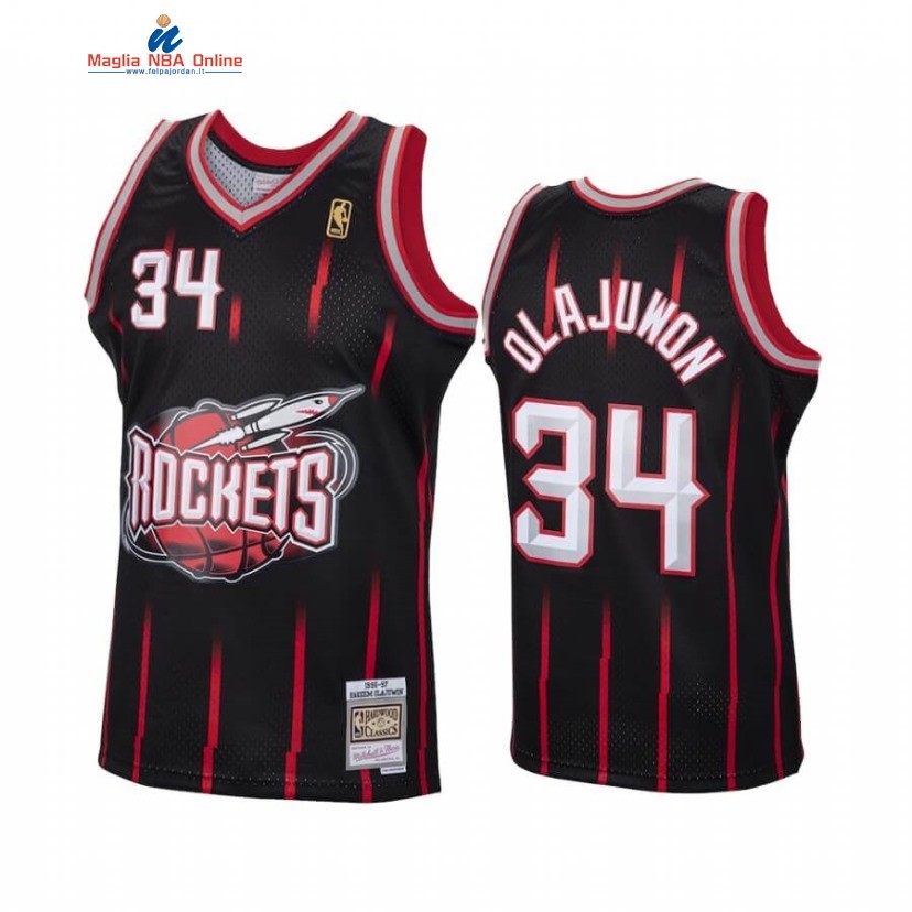 Maglia NBA Houston Rockets #34 Hakeem Olajuwon Nero Hardwood Classics 1998 Acquista