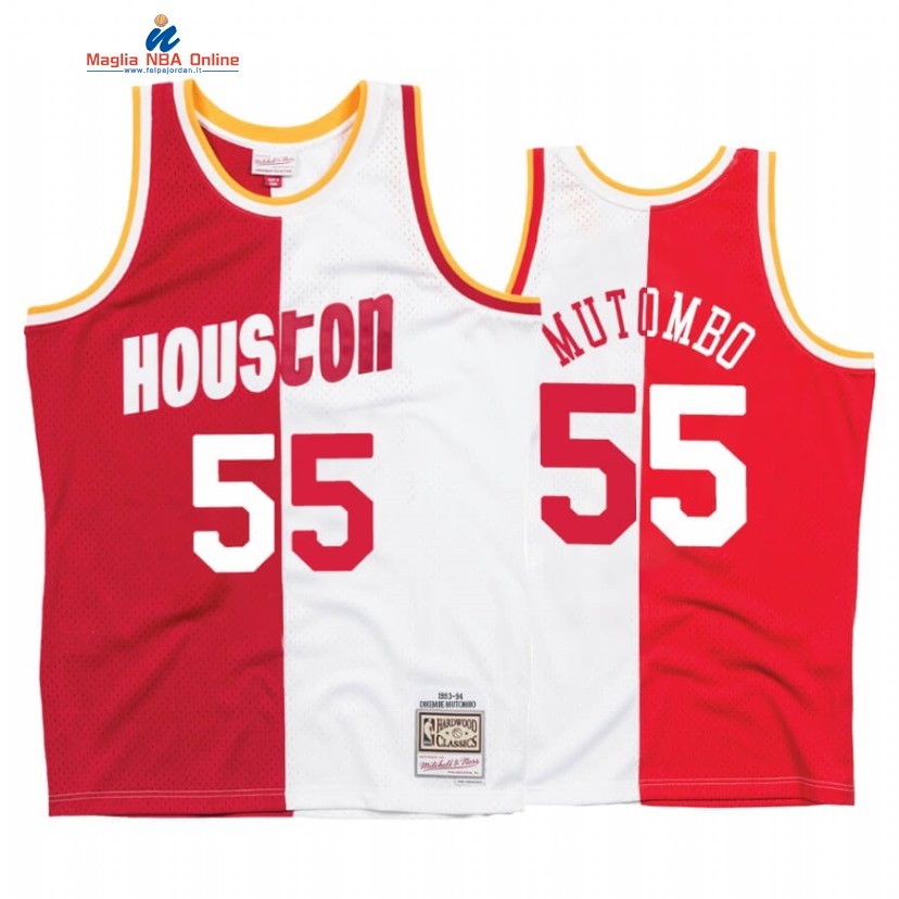 Maglia NBA Houston Rockets #55 Dikembe Mutombo Bianco Rosso Split Hardwood Classics Acquista