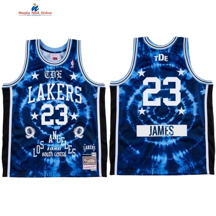 Maglia NBA Los Angeles Lakers #23 LeBron James ScHoolboy Q Blu Hardwood Classics Acquista