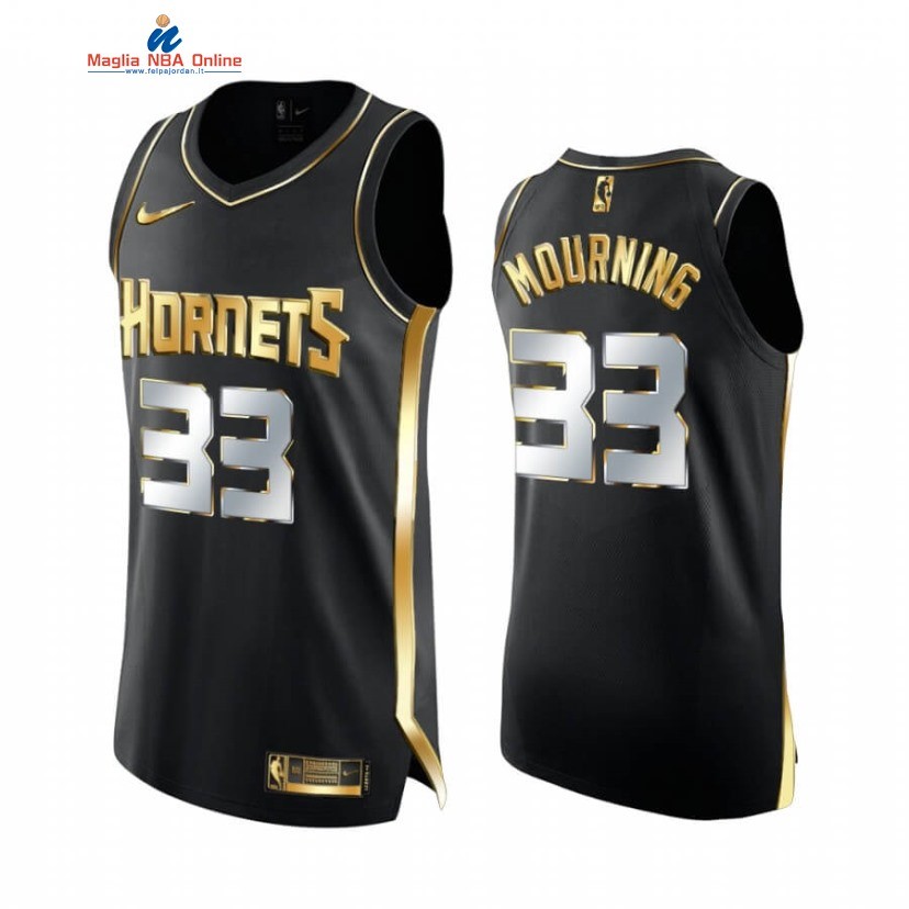 Maglia NBA Nike Charlotte Hornets #33 Alonzo Mourning Nero Oro 2020-21 Acquista