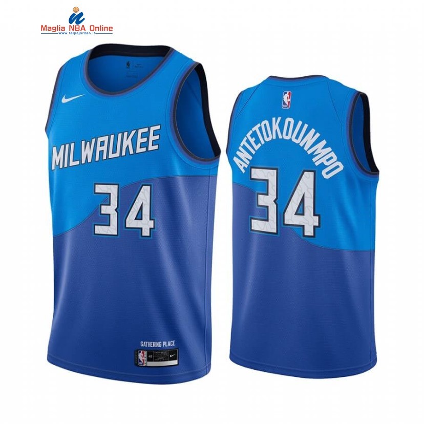 Maglia NBA Nike Milwaukee Bucks #34 Giannis Antetokounmpo Nike Blu Città 2020-21 Acquista