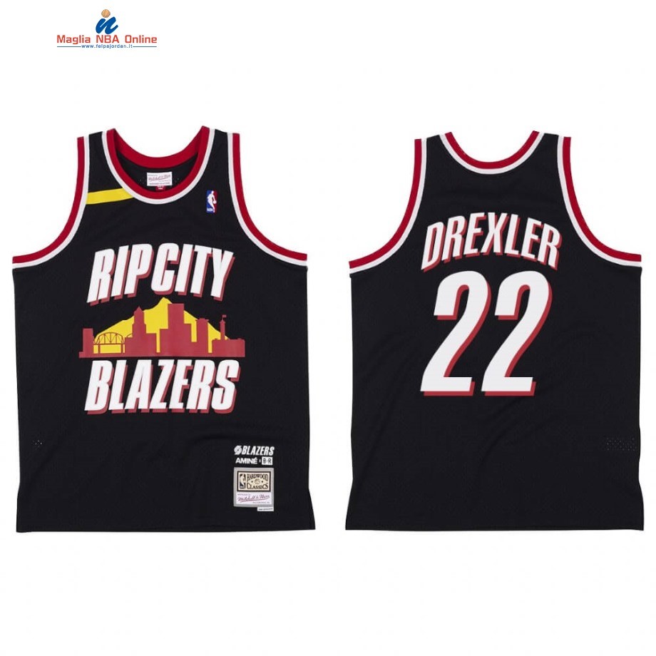 Maglia NBA Portland Trail Blazers #22 Clyde Drexler X BR Remix Nero Hardwood Classics Acquista