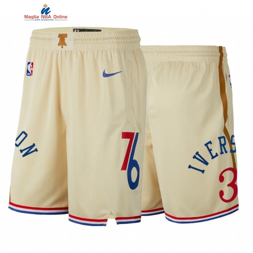 Pantaloni Basket Philadelphia Sixers #3 Allen Iverson Crema Città 2020 Acquista