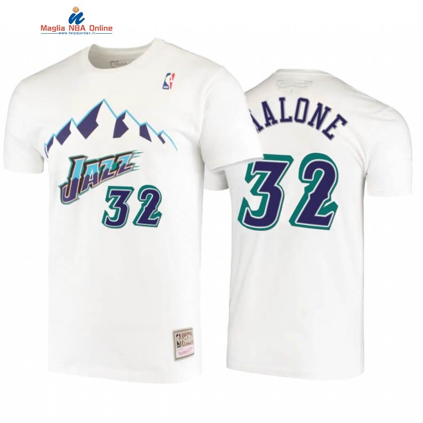 T-Shirt Utah Jazz #32 Karl Malone Bianco Hardwood Classics Acquista