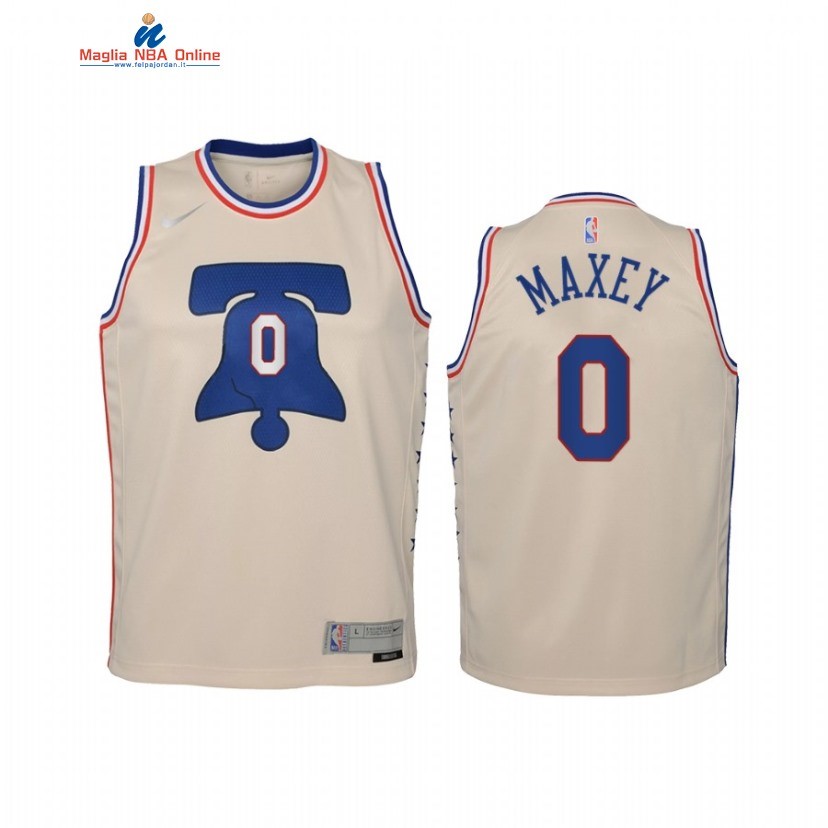 Maglia NBA Bambino Earned Edition Philadelphia Sixers #0 Tyrese Maxey Crema 2021 Acquista