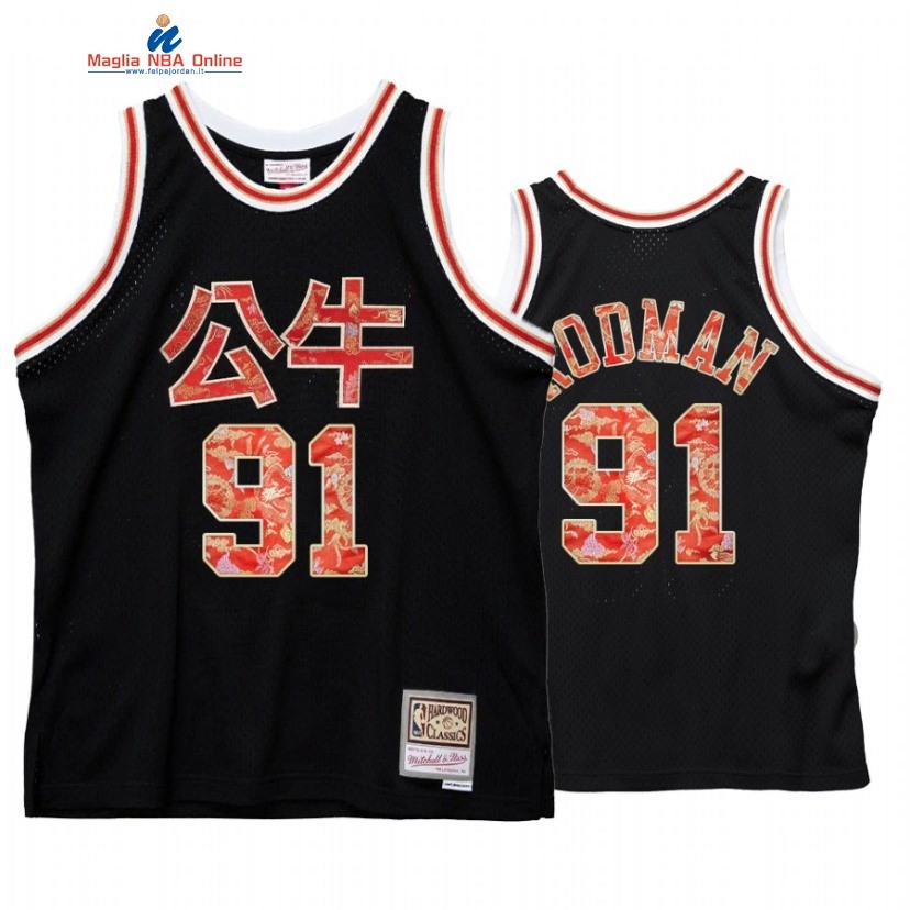 Maglia NBA Chicago Bulls #91 Dennis Rodman CNY Nero Hardwood Classics Acquista
