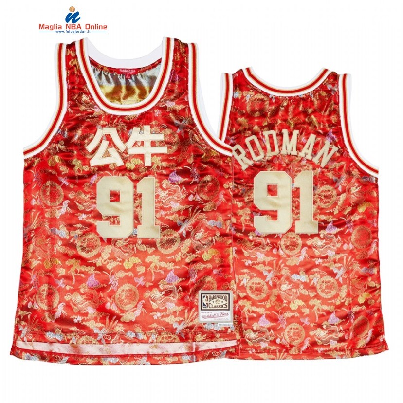 Maglia NBA Donna Chicago Bulls #91 Dennis Rodman CNY Rosso Hardwood Classics 2021 Acquista