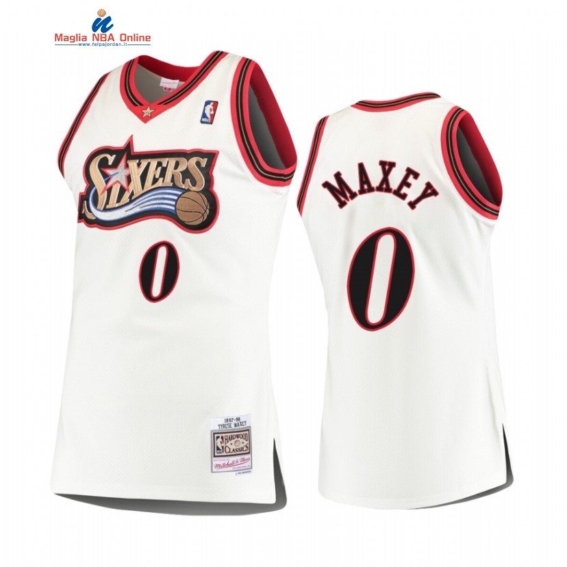 Maglia NBA Philadelphia Sixers #0 Tyrese Maxey Bianco Hardwood Classics 1997-98 Acquista