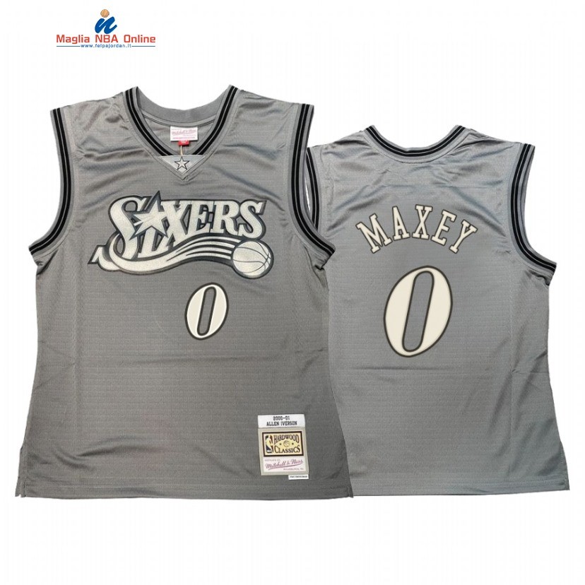 Maglia NBA Philadelphia Sixers #0 Tyrese Maxey Grigio Hardwood Classics Acquista