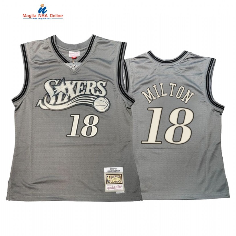 Maglia NBA Philadelphia Sixers #18 Shake Milton Grigio Hardwood Classics Acquista