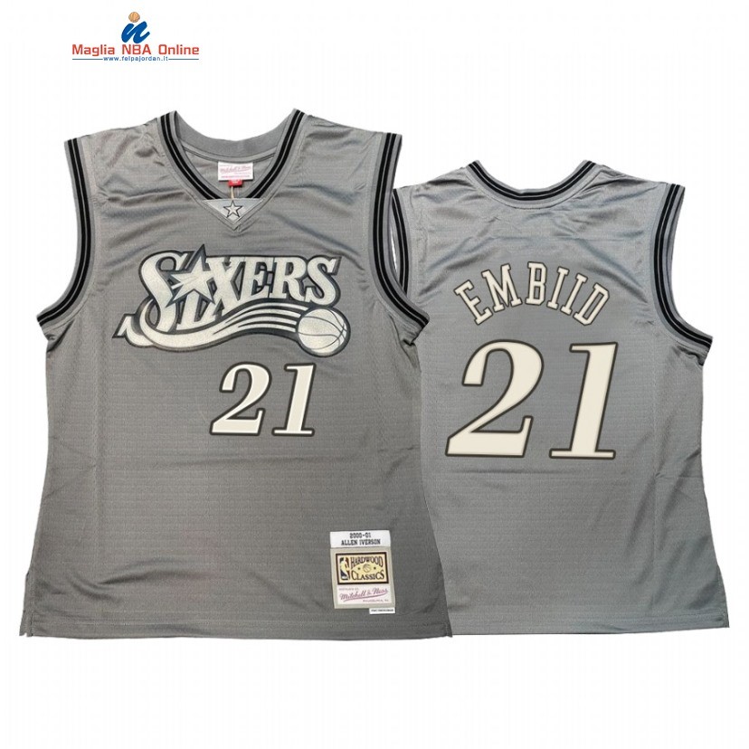 Maglia NBA Philadelphia Sixers #21 Joel Embiid Grigio Hardwood Classics Acquista