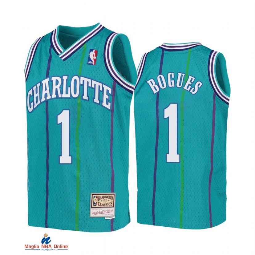 Maglia NBA Bambino Charlotte Hornets NO.1 Tyrone Bogues Teal Hardwood Classics 1992-93