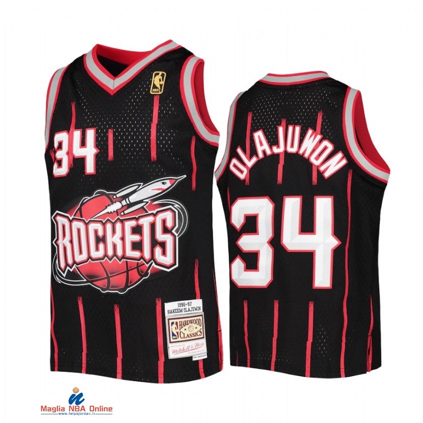 Maglia NBA Bambino Houston Rockets NO.34 Hakeem Olajuwon Nero Hardwood Classics