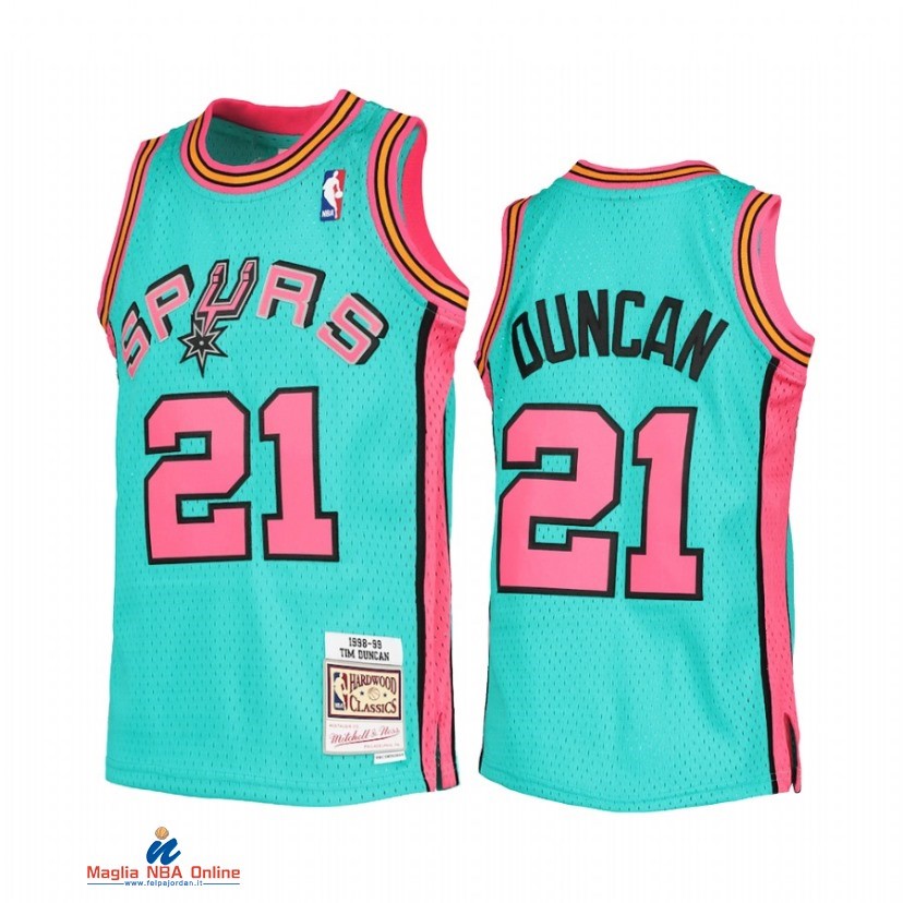 Maglia NBA Bambino San Antonio Spurs NO.21 Tim Duncan Verde Blu Throwback