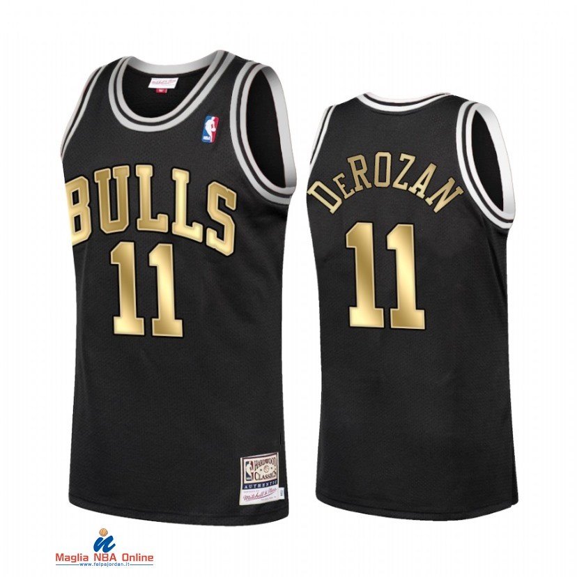 Maglia NBA Chicago Bulls NO.11 DeMar DeRozan Nero Oro Hardwood Classics