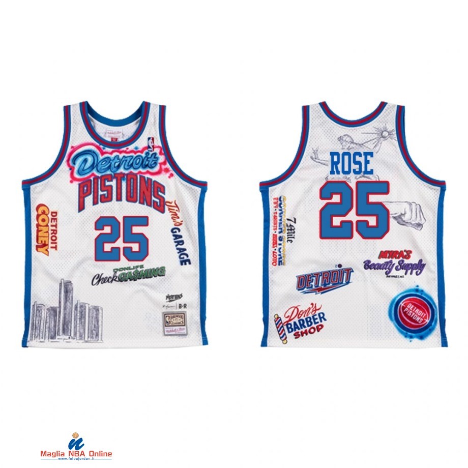 Maglia NBA Detroit Pistons NO.25 Derrick Rose BR Remix Bianco Hardwood Classics