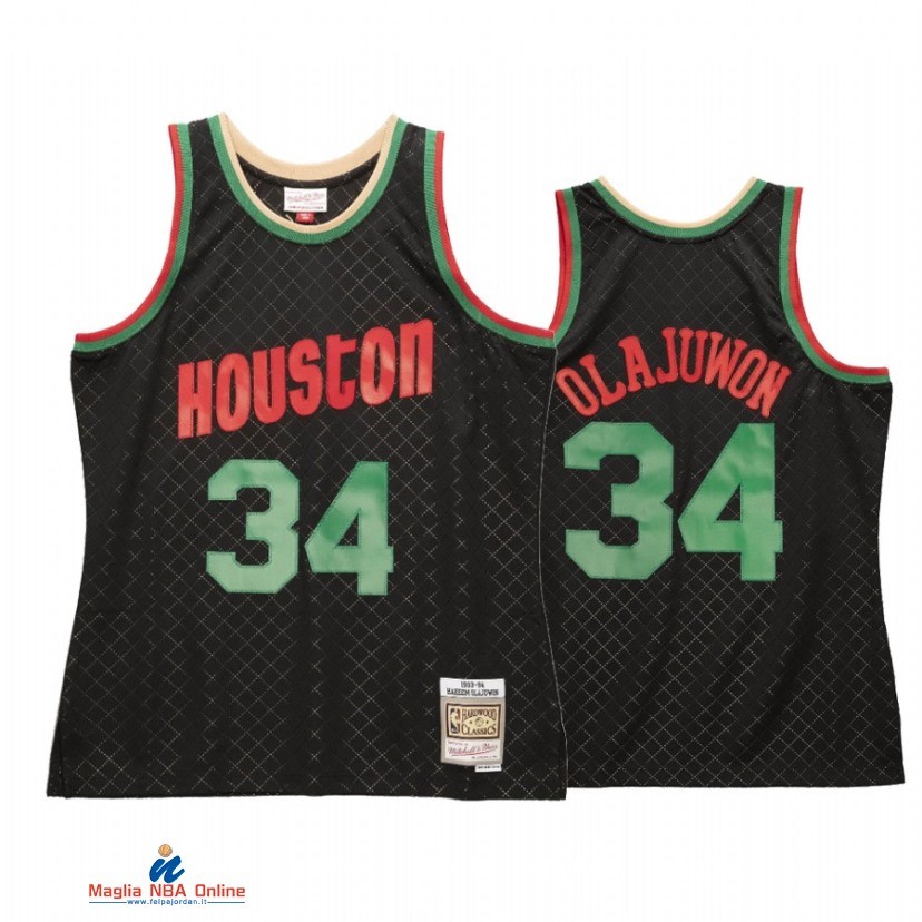 Maglia NBA Houston Rockets NO.34 Hakeem Olajuwon Nero Hardwood Classics 2021