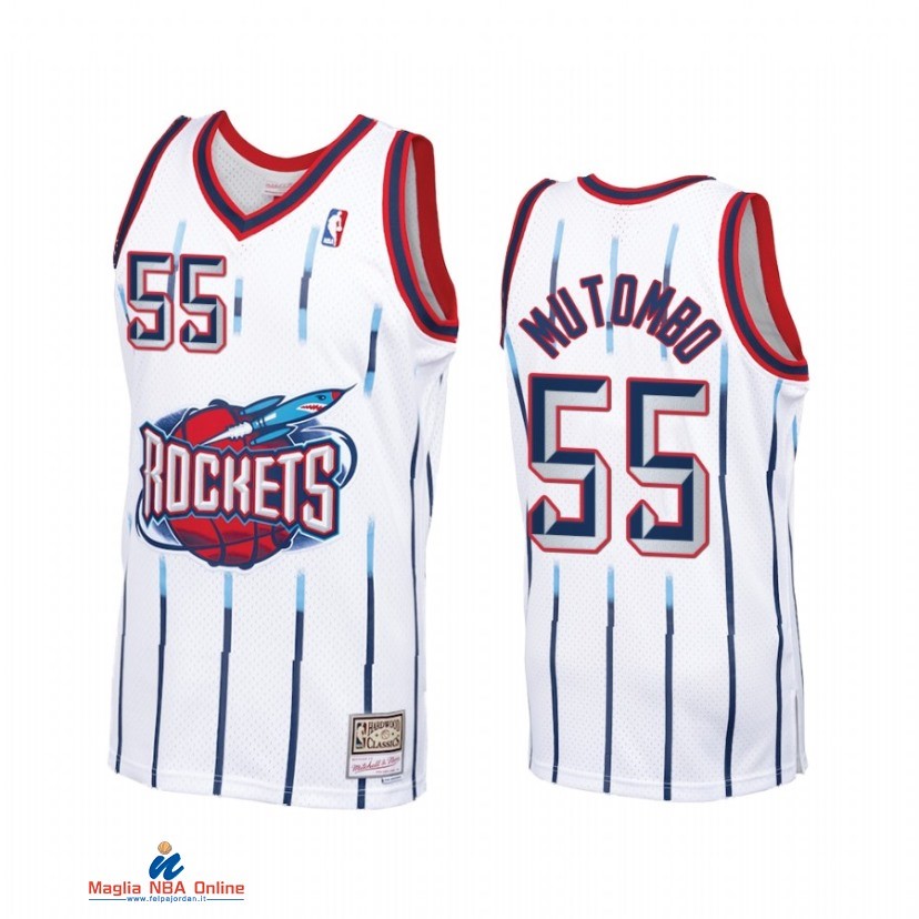 Maglia NBA Houston Rockets NO.55 Dikembe Mutombo Bianco Hardwood Classics 1998