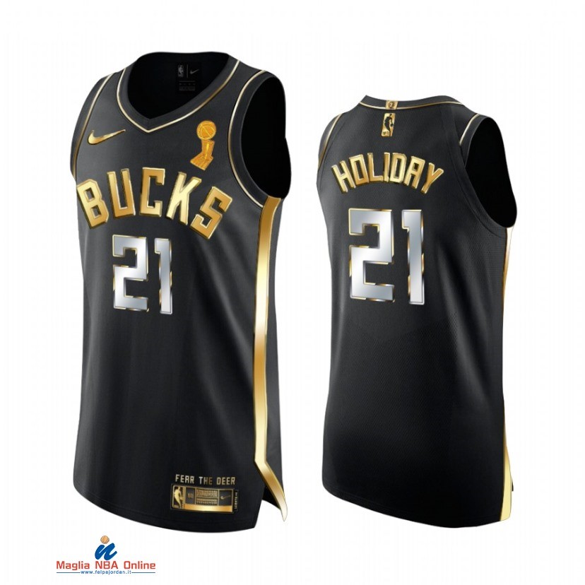 Maglia NBA Milwaukee Bucks Campionato Finali 2021 NO.21 Jrue Holiday Nero Oro