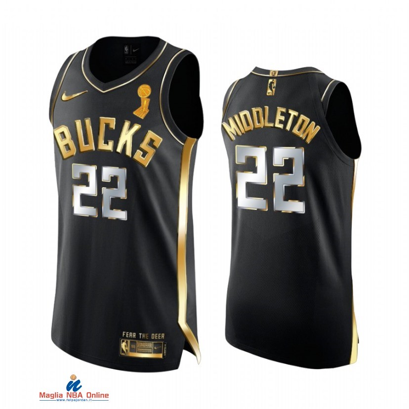 Maglia NBA Milwaukee Bucks Campionato Finali 2021 NO.22 Khris Middleton Nero Oro