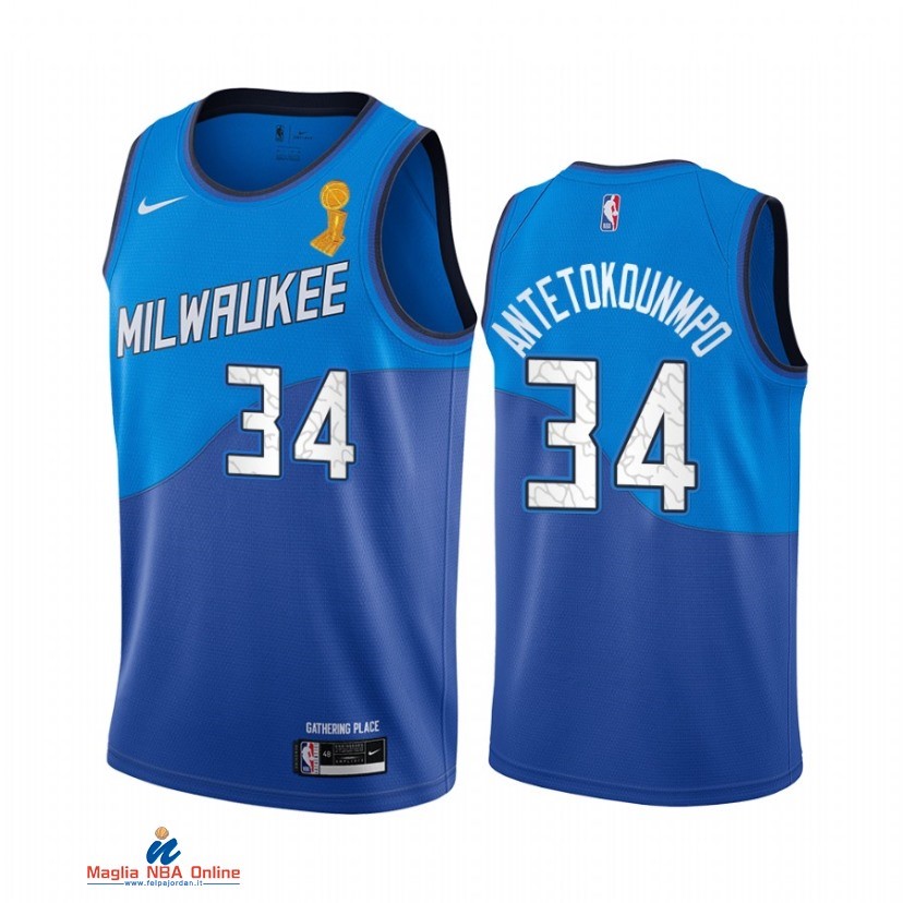 Maglia NBA Milwaukee Bucks Campionato Finali 2021 NO.34 Giannis Antetokounmpo Blu Città