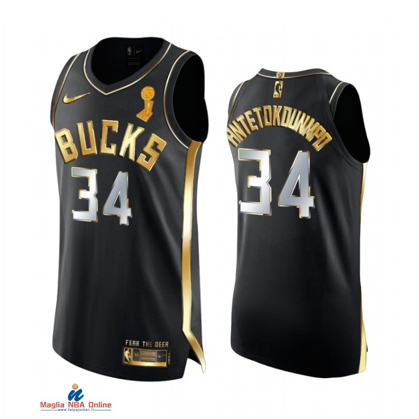 Maglia NBA Milwaukee Bucks Campionato Finali 2021 NO.34 Giannis Antetokounmpo Nero Statement