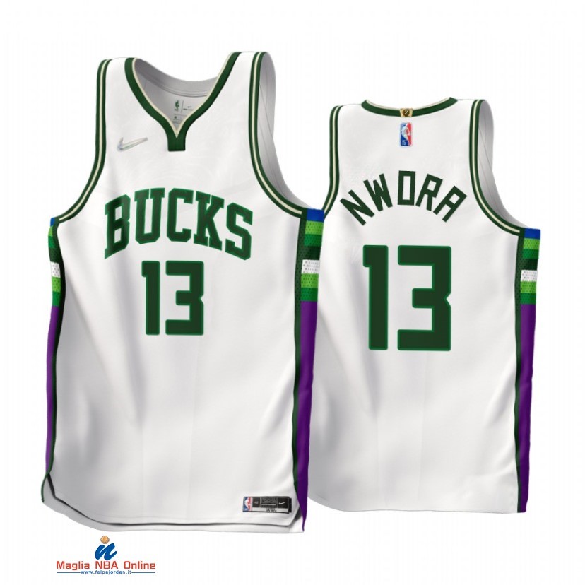 Maglia NBA Nike Milwaukee Bucks NO.13 Jordan Nwora 75th Bianco Città 2021-22