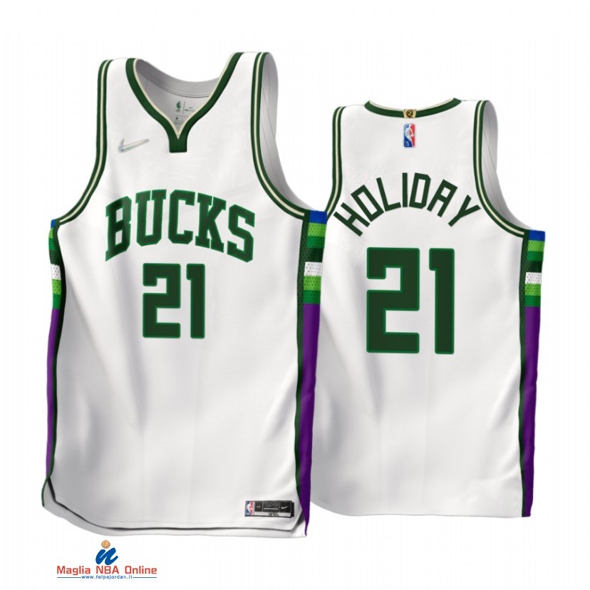 Maglia NBA Nike Milwaukee Bucks NO.21 Jrue Holiday 75th Bianco Città 2021-22